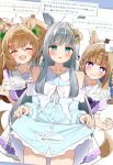  3girls absurdres almond_eye_(umamusume) blast_onepiece_(umamusume) blue_eyes breasts brown_hair chrono_genesis_(umamusume) closed_mouth collarbone commentary_request grey_hair hair_between_eyes hair_ornament highres large_breasts looking_at_viewer multiple_girls ponta_(1859ysmssstsp) school_uniform simple_background small_breasts smile tracen_school_uniform translation_request twintails umamusume white_background 