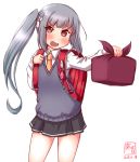  artist_logo backpack bag black_skirt blush box brown_eyes collared_shirt commentary_request crime_prevention_buzzer dated grey_hair grey_sweater_vest highres kanon_(kurogane_knights) kantai_collection kasumi_(kantai_collection) layered_clothing long_hair long_sleeves looking_at_viewer necktie obentou open_mouth orange_neckwear randoseru school_uniform shirt side_ponytail signature simple_background skirt solo sweater_vest v-neck white_background white_shirt 