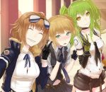  asakiri_koko blonde_hair brown_hair closed_eyes commentary_request eyewear_on_head girls_frontline gloves green_hair grizzly_mkv_(girls_frontline) highres jewelry m950a_(girls_frontline) multiple_girls necklace necktie reaching_out self_shot smile sunglasses v welrod_mk2_(girls_frontline) 