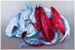  2016 arsauron digital_media_(artwork) dragon duo feral horn hug lying membranous_wings red_scales scales scalie simple_background smile western_dragon white_scales wings 
