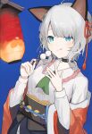  1girl :q ame_miya_ta animal_ears arknights ascot black_choker black_sash blue_eyes cat_ears cat_girl choker collared_shirt commentary_request dango dot_nose eating evening food food_on_face green_ascot grey_hair hair_ribbon highres holding holding_skewer infection_monitor_(arknights) japanese_clothes kimono lantern licking_lips light_blush medium_hair mint_(arknights) mint_(tsukiyoi)_(arknights) obi off_shoulder official_alternate_costume open_clothes open_kimono outdoors red_kimono red_ribbon ribbon sash shirt skewer sky solo star_(sky) starry_sky tongue tongue_out twilight wagashi white_shirt 