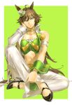  1girl absurdres ahoge animal_ears arm_strap asymmetrical_jacket bell-bottoms black_shoes blue_eyes breasts brown_hair choker closed_mouth collarbone cropped_jacket green_shirt hair_ornament hat high_heels highres horse_ears horse_girl horse_tail jacket long_hair looking_at_viewer medium_breasts midriff mini_hat mini_top_hat mr._c.b._(clear_bliss)_(umamusume) mr._c.b._(umamusume) navel pants ruukii_drift shirt shoes single_bare_shoulder single_sleeve single_wrist_cuff sitting smile solo strapless strapless_shirt tail top_hat umamusume white_jacket white_pants wrist_cuffs yellow_choker 