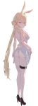  1girl absurdres animal_ears ass banpen bare_shoulders black_shoes blonde_hair blue_eyes blush breasts commentary english_commentary from_behind full_body hair_bun hand_on_own_ass high_heels highres large_breasts long_hair looking_at_viewer looking_back multicolored_shoes negligee original panties parted_lips rabbit_ears rabbit_girl rabbit_tail red_shoes shoes simple_background sleeveless solo tail thigh_strap thighs two-tone_shoes underwear white_background white_negligee white_panties 