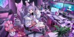  1girl absurdres animal_ears asymmetrical_legwear bed bed_sheet blush book bow bowtie box can chair commentary computer_keyboard computer_mouse cost_(kftf4582) curtains earphones fox_girl fox_tail frilled_skirt frilled_thigh_strap frills gaming_chair gift hair_ornament heart-shaped_box heterochromia highres jacket long_hair looking_at_viewer mismatched_legwear monitor nintendo_switch open_mouth pillow plant pleated_skirt potted_plant purple_hair sitting skirt smile stellive swivel_chair tail tenko_shibuki thigh_strap thighhighs virtual_youtuber 