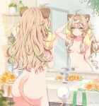  1girl absurdres ahoge animal_ears ass bathroom blush breasts brown_hair chromashift commentary_request commission completely_nude convenient_censoring convenient_hair daisy_dandelion faucet flower from_behind green_eyes green_hair hair_over_breasts highres lion_ears lion_girl lion_tail long_hair looking_at_mirror medium_breasts mirror multicolored_eyes multicolored_hair navel nude orange_flower reflection sink skeb_commission solo streaked_hair sweet_miuk_tea tail towel virtual_youtuber wet 