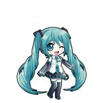  1girl :d ;d aqua_eyes aqua_hair aqua_nails aqua_necktie bare_shoulders black_boots black_outline black_skirt black_sleeves blush boots chibi chibi_only detached_sleeves full_body game_asset hair_ornament hatsune_miku hatsune_miku_(vocaloid3) hatsune_miku_graphy_collection headset long_hair looking_at_viewer necktie one_eye_closed open_mouth outline pleated_skirt shirt skirt sleeveless sleeveless_shirt smile solo standing thigh_boots tie_clip transparent_background twintails very_long_hair vocaloid white_shirt 