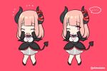  black_gloves black_horns black_skirt black_tail blush breasts chibi cleavage cleavage_cutout commentary_request crying curled_horns demon_girl demon_horns demon_tail demon_wings elbow_gloves eve.ch eve_valerne gloves hands_on_own_cheeks hands_on_own_face high-waist_skirt horn_ribbon horns pink_background pink_eyes pink_hair red_ribbon ribbon see-through shimobebe simple_background skirt succubus tail twitter_username virtual_youtuber wings 