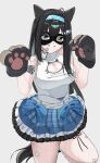  1girl absurdres animal_hands bare_shoulders black_hair blue_eyes blue_headband blue_skirt breasts brown_hair cat_ornament clothing_cutout commentary_request fish_hair_ornament fishnet_pantyhose fishnets gloves goddess_of_victory:_nikke grin hair_ornament hairband headband headset highres labbri large_breasts long_hair looking_at_viewer mask mint_(nikke) open_mouth pantyhose paw_gloves shirt simple_background skirt sleeveless smile star_(symbol) star_sticker sticker sticker_on_leg teeth very_long_hair white_shirt 