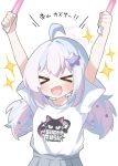  >_< 1girl :d ahoge alternate_costume arms_up blue_archive blue_hair blush commentary_request cowboy_shot crew_neck dot_nose glowstick grey_skirt hair_ornament hands_up holding kamaboko_(pixiv_71012354) multicolored_hair open_mouth pink_hair pleated_skirt print_shirt reisa_(blue_archive) shirt shirt_tucked_in simple_background skirt smile solo star_(symbol) star_hair_ornament t-shirt translation_request two-tone_hair v-shaped_eyebrows white_background white_shirt 
