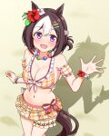  1girl :d animal_ears bead_necklace beads bikini breasts brown_hair cleavage commentary_request flower hair_flower hair_ornament highres horse_ears horse_girl horse_tail jewelry looking_at_viewer medium_breasts multicolored_hair necklace official_alternate_costume open_mouth red_flower renny_(seraphyfether) shadow short_hair smile solo special_week_(hopp'n_happy_heart)_(umamusume) special_week_(umamusume) standing swimsuit tail thighs two-tone_hair umamusume white_flower white_hair 