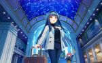  2girls aurora black_hair blunt_bangs building city city_lights cityscape commentary_request constellation game_asset highres jacket jewelry letterboxed long_hair milky_way multiple_girls necklace night non-web_source official_art open_mouth pants red_hair rolling_suitcase senju_koyomi shooting_star sky skyscraper snowing star_(sky) starry_sky suitcase world_dai_star yellow_eyes 