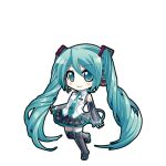  1girl aqua_eyes aqua_hair aqua_nails aqua_necktie bare_shoulders black_boots black_outline black_skirt black_sleeves blush boots chibi chibi_only detached_sleeves full_body game_asset hair_ornament hatsune_miku hatsune_miku_(vocaloid3) hatsune_miku_graphy_collection headset long_hair looking_at_viewer necktie number_tattoo outline pleated_skirt shirt shoulder_tattoo skirt sleeveless sleeveless_shirt smile solo tattoo thigh_boots tie_clip transparent_background twintails very_long_hair vocaloid white_shirt 