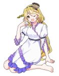  1girl :d ;d absurdres barefoot black_hairband blonde_hair commentary_request dress frilled_sleeves frills hair_ornament hairband highres long_hair looking_at_viewer nnn_lu one-hour_drawing_challenge one_eye_closed open_mouth shell shell_hair_ornament simple_background sitting smile solo toes touhou translation_request very_long_hair watari_nina white_dress yellow_eyes 