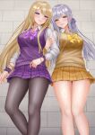  2girls arm_at_side assault_lily blonde_hair blush bow bowtie bracelet braid breasts brown_pantyhose brown_sweater_vest closed_mouth collared_shirt commentary_request feet_out_of_frame fingernails grey_hair gyaru hair_ribbon hand_up highres imai_tomohiro indoors jewelry kogal kon_kanaho locked_arms long_hair long_sleeves looking_at_viewer medium_breasts miyagawa_takane multiple_girls pantyhose plaid_bow plaid_bowtie plaid_clothes plaid_skirt pleated_skirt purple_bow purple_bowtie purple_eyes purple_ribbon purple_scrunchie purple_skirt purple_sweater_vest ribbon school_uniform scrunchie shirt side-by-side side_braid sidelocks skirt smile standing sweater_vest thigh_gap very_long_hair white_shirt wrist_scrunchie yellow_bow yellow_bowtie yellow_eyes yellow_skirt 