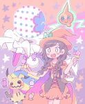  basket blacephalon black_hair braid candy cape commentary_request dress food gen_4_pokemon gen_7_pokemon halloween_costume hat highres ice_cream_cone long_hair mimikyu mizuki_(pokemon) open_mouth pokemon pokemon_(creature) pokemon_(game) pokemon_usum remoooon rotom smile twin_braids ultra_beast witch_hat 