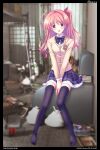  1girl 3d_background absurdres antenna_hair between_legs black_thighhighs blazer bow bowtie breasts brown_jacket chaos;head collared_shirt commentary_request derivative_work dress_shirt full_body hair_ribbon hand_between_own_legs highres indoors jacket long_hair long_sleeves looking_at_viewer miniskirt nishijou_myu no_shoes official_art_redraw one_side_up open_mouth petticoat pink_eyes pink_hair plaid_bow plaid_bowtie plaid_clothes plaid_skirt pleated_skirt purple_bow purple_bowtie purple_skirt ribbon sakihata_rimi school_uniform science_adventure shirt sitting skirt small_breasts smile solo suimei_academy_school_uniform thighhighs tongue v_arms white_shirt winter_uniform 