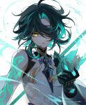  1boy anemo_symbol_(genshin_impact) arm_tattoo bead_necklace beads black_gloves colored_inner_hair commentary_request eyeliner genshin_impact gloves glowing glowing_tattoo glowing_weapon gold_trim gradient_hair highres holding holding_behind_back holding_mask holding_weapon holding_weapon_behind_back jewelry looking_at_viewer makeup male_focus mask medium_hair multicolored_hair necklace parted_bangs parted_lips polearm purple_sash samon_(vxxr8575) sash shirt signature sleeveless sleeveless_shirt solo spear streaked_hair tassel tattoo twitter upper_body vision_(genshin_impact) weapon white_background white_shirt xiao_(genshin_impact) yellow_eyes 