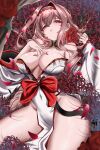  1girl absurdres areola_slip bare_shoulders black_collar blush breasts chinese_commentary collar commentary_request covered_navel detached_collar eyeshadow flower from_above goddess_of_victory:_nikke hair_between_eyes hair_intakes headband highres japanese_clothes kappaako kimono large_breasts long_hair looking_at_viewer lying makeup no_panties off_shoulder official_alternate_costume on_back parted_lips petals pink_hair red_eyes red_eyeshadow red_flower red_headband red_nails red_petals red_rose rose scarlet_(black_shadow)_(longing_flower)_(nikke) scarlet_(black_shadow)_(nikke) scarlet_(nikke) solo spider_lily very_long_hair white_kimono wide_sleeves 