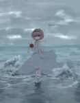  1girl atai_(56874442) barefoot blush cloud cloudy_sky dress frills hair_ornament heart heart_hair_ornament highres komeiji_satori ocean orb pink_hair short_hair sky standing string third_eye touhou water waves white_dress 