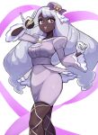  1girl :d commentary_request dark-skinned_female dark_skin dekin_santa dress eyelashes fishnet_pantyhose fishnets gloves grey_hair hand_up happy holding holding_poke_ball jacinthe_(pokemon) knees long_hair long_sleeves luxury_ball open_mouth pantyhose poke_ball pokemon pokemon_legends:_z-a puffy_sleeves purple_eyes smile solo teeth tilted_headwear upper_teeth_only white_background white_gloves 