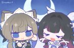  2girls bare_shoulders black_hair blue_background blue_eyes bonnet bow bowtie brown_hair chibi chibi_only closed_eyes closed_mouth columbina_(genshin_impact) crescent detached_collar detached_sleeves dress eye_mask genshin_impact hair_ornament hair_ribbon hand_on_another's_cheek hand_on_another's_face head_wings highres lazy_(maedow_9) long_hair long_sleeves mask multicolored_hair multiple_girls multiple_wings open_mouth purple_hair ribbon sandrone_(genshin_impact) short_hair_with_long_locks simple_background smile streaked_hair two-tone_hair very_long_hair white_bow white_dress white_headdress white_wings wing_hair_ornament wings 