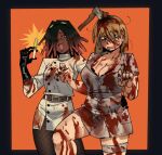  2girls axe black_border black_gloves black_nails blonde_hair blood blood_on_clothes blood_on_face border breasts cleavage commentary dark-skinned_female dark_skin english_commentary fake_blood fishnet_pantyhose fishnets gloves gutalalaman halloween_costume highres kathy_(gutalalaman) large_breasts looking_at_viewer multiple_girls nurse orange_background original pantyhose penny_(gutalalaman) syringe 