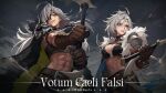  2girls abs arm_belt armor belt breasts brown_belt brown_gloves cape closed_mouth commentary eyepatch fur_cape gloves green_eyes grey_hair hair_between_eyes heterochromia highres holding holding_sword holding_weapon iamc95 large_breasts long_hair looking_afar looking_ahead multiple_girls muscular muscular_female one_eye_covered original parted_lips pauldrons purple_eyes scar scar_across_eye scar_on_arm scar_on_face scar_on_forehead scar_on_mouth scar_on_stomach short_hair shoulder_armor shoulder_spikes spiked_gloves spikes sword upper_body warrior weapon whip_sword 