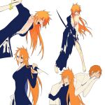  bandaged_chest black_kimono black_sclera bleach bound_breasts carrying_over_shoulder coat colored_sclera covering_own_mouth fighting_stance floating_hair genderswap genderswap_(ftm) genderswap_(mtf) grimmjow_jaegerjaquez hair_ornament hairclip highres holding holding_sword holding_weapon inoue_orihime japanese_clothes kimono kurosaki_ichigo long_hair looking_at_another looking_at_viewer multiple_views nnoitra_gilga one_eye_closed sanpaku sash screaming smile sweatdrop sword tensa_zangetsu_(bankai) torn_clothes torn_kimono weapon white_background white_coat white_sash yellow_eyes zangjun 