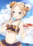  :d abigail_williams_(fate/grand_order) absurdres bangs bikini black_bow blonde_hair blue_eyes blue_sky blush bow collarbone day double_bun fate/grand_order fate_(series) flat_chest fork hair_bow highres holding holding_fork holding_plate long_hair looking_at_viewer navel octopus open_mouth orange_bow outdoors parted_bangs plate shiino_sera sky smile solo sunlight swimsuit twintails wrist_cuffs 