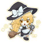  1girl apron black_hat black_skirt black_vest blonde_hair blush bow braid broom broom_riding chibi chibi_only chinese_commentary chunye_xiuluo commentary_request frilled_skirt frills hair_bow hat hat_bow highres kirisame_marisa long_hair looking_at_viewer mini-hakkero open_mouth puffy_short_sleeves puffy_sleeves shoes short_sleeves side_braid single_braid skirt smile socks solo touhou very_long_hair vest waist_apron white_apron white_bow white_socks witch_hat yellow_eyes 