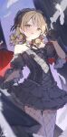  1girl @_@ bare_shoulders black_choker black_gloves black_hairband black_shirt black_skirt blush breasts brown_eyes brown_hair choker closed_mouth collarbone commentary_request dress drill_hair fishnet_pantyhose fishnets frilled_hairband frills gem gloves hairband highres holding_own_skirt idolmaster idolmaster_cinderella_girls long_hair looking_at_viewer morikubo_nono ningen_mame pantyhose red_gem ringlets shirt skirt small_breasts smile solo tongue tongue_out wings 