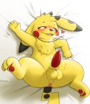 2026 animal_genitalia animal_penis anus ball_tuft balls bed bedding bedding_background bent_arm blush blush_lines bodily_fluids breath cheek_tuft digital_media_(artwork) dots dripping erection facial_tuft fangs fluffy fluffy_chest fur furniture generation_1_pokemon genital_fluids genitals grabbing_sheets head_tuft heart_symbol hi_res inviting jewelry leaking_precum lying lying_on_bed male morning_wood necklace nervous nervous_sweat nintendo no_sclera on_back on_bed pawpads penis perineum pikachu pokemon pokemon_(species) precum precum_drip precum_string pupils raised_arm raised_leg ramunerichy red_cheeks red_eyes red_pawpads red_penis rodent_penis shaded slightly_chubby smile smiling_at_viewer soft_shading solo sweat teeth tuft white_pupils yellow_body yellow_fur