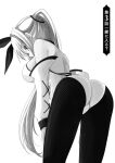  1girl albino animal_ears ass bare_shoulders bent_over black_pantyhose breasts cowboy_shot detached_sleeves fake_animal_ears fishnet_pantyhose fishnets from_behind gloves greyscale hair_intakes hairband hako_roku hands_on_own_thighs highres jitome large_breasts legs legs_apart leotard long_hair long_sleeves looking_down makai_gacha_wa_kyou_mo_shibui monochrome non-web_source pantyhose playboy_bunny ponytail profile rabbit_ears ravi sideboob sidelocks solo standing strapless strapless_leotard 