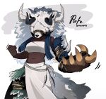  1girl absurdres breast_strap claw_(weapon) commentary dark_skin dress english_commentary highres jojo_pose limbus_company mask midriff ny_000a project_moon rufo_(project_moon) tail trophy twitter_username weapon white_dress 