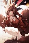 1girl animal_ears blush box closed_mouth foxplushy hair_ribbon heart-shaped_box highres indie_virtual_youtuber kiyochii kneeling long_hair looking_at_viewer multiple_tails off_shoulder outdoors petals ribbon smile solo tail thighhighs turtleneck 