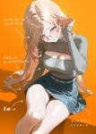  1girl belt blonde_hair blue_eyes breasts brown-framed_eyewear cleavage_cutout clothing_cutout commentary_request enu_illustip gakuen_idolmaster glasses grey_shirt hair_behind_ear highres idolmaster juo_sena large_breasts long_hair long_sleeves looking_at_viewer miniskirt multicolored_hair parted_hair pink_hair round_eyewear shirt skirt sleeves_past_wrists solo streaked_hair thighs tucking_hair very_long_hair white_belt 