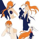 bandaged_chest black_kimono bleach body_markings coat crying death demon_horns empty_eyes from_above fur_collar genderswap genderswap_(ftm) genderswap_(mtf) hands_on_own_face highres hole_in_chest hole_on_body hollow_(bleach) hollow_ichigo hollow_ichigo_(full_hollow) horns inoue_orihime japanese_clothes kimono kuchiki_rukia kurosaki_ichigo long_hair looking_back mask multiple_views orange_eyes orange_hair skull_mask squatting tensa_zangetsu_(bankai) torn_clothes white_coat zangjun 