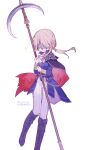  1girl ascot blindfold_mask blonde_hair boots chain commentary_request duchess_(elden_ring) elden_ring elden_ring_nightreign eye_mask full_body gloves half_eye_mask highres holding holding_scythe knee_boots lace-up_boots leggings low_ponytail mask ornate_clothes ponytail scythe side_cape signature solo sparkle white_ascot white_background white_gloves white_leggings yorumi2025 