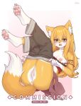  1girl absurdres angry animal_ear_fluff animal_ears animal_nose anus arm_tattoo artist_name black_eyes blush border breasts breasts_out cleavage clitoral_hood clitoris clothes_pull collarbone commentary commission crop_top english_commentary fangs fox_ears fox_girl fox_tail furry furry_female gradient_background grey_pants highres legs_together legs_up long_hair looking_at_viewer lying medium_breasts mo_(k40633) nipples on_back open_mouth orange_fur orange_hair original panties pants pants_pull panty_pull pawpads perineum pink_background pussy red_shirt shirt signature snout solo strap_slip sweatdrop tail tattoo teeth thighs tribal_tattoo twitter_username two-tone_fur uncensored underwear v-shaped_eyebrows white_background white_border white_fur white_panties 