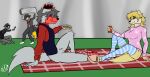 anthro background_crowd beverage big_breasts big_tail bigtail breasts canid canine canis clothing crown domestic_dog female field fight food footwear fur grey_body grey_clothing grey_fur group headgear hi_res hybrid jakesart legwear long_socks male mammal party picnic pink_clothing red_clothing sandwich_(food) socks soda sweater tail thigh_highs topwear wolf wolfdog yellow_body yellow_fur