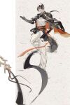  1boy arknights black_hair chongyue_(arknights) commentary_request dragon_boy dragon_horns dragon_tail full_body highres horns lin_qing_(phosphorus_1104) male_focus multicolored_hair pants sash shirt sketch solo streaked_hair tail white_pants white_shirt 