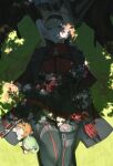  2girls absurdres animal_ears arknights bagpipe_(arknights) bagpipe_(royal_guardswoman)_(arknights) bagpipe_(royal_guardswoman)_(arknights)_(cosplay) black_gloves blonde_hair character_doll character_request closed_eyes clothing_cutout commentary_request cosplay dappled_sunlight doll gloves grass green_eyes hair_intakes hairband half-closed_eyes hand_on_own_stomach harmonie_(arknights) highres horn_(arknights) knee_up long_hair lying multiple_girls on_back red_gloves senjou_no_pentsu shadow sunlight thigh_cutout tree tree_shade under_tree wolf_ears 