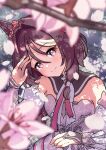  1girl absurdres animal_ears ascot blush braid breasts brown_hair cherry_blossoms commentary_request detached_sleeves dress flower-shaped_pupils flower_in_eye hair_between_eyes hair_intakes highres horse_ears horse_girl long_hair miboshi_moroboshi outdoors pink_ascot pink_eyes sakura_chitose_o_(racing)_(umamusume) sakura_chitose_o_(umamusume) short_hair smile solo symbol-shaped_pupils symbol_in_eye umamusume upper_body 