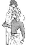  1boy 1girl aged_up agott_arklaum_(tongari_boushi_no_atelier) carrying_over_shoulder dress english_commentary glasses greyscale long_sleeves looking_up monochrome more_muscular_than_canon muscular muscular_male qifrey_(tongari_boushi_no_atelier) sara_(rinkibu) short_hair simple_background sketch skin_tight tongari_boushi_no_atelier wavy_hair 