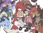  +_+ 1girl alice_thymefield animal animal_on_back animalization book boots braid braided_twintails brown_boots cardigan dog goat green_eyes hair_ornament hearing_aid heterochromia highres holding holding_animal holding_rabbit kamanosuke_(zenless_zone_zero) komano_manato leaf_in_mouth long_hair lucia_elowen octopus open_book open_mouth pink_cardigan pkgllllllv rabbit raccoon red_eyes single_thighhigh sphere_hair_ornament squatting striped_clothes striped_thighhighs suction_cups tanuki tentacles thighhighs ukinami_yuzuha white_background yellow_eyes yidhari_murphy zenless_zone_zero 