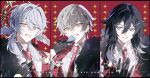  3boys alternate_costume ashveil_(honkai:_star_rail) between_fingers black_gloves black_hair black_jacket blue_pupils caelus_(honkai:_star_rail) cape card coin collared_shirt commentary credit_card earrings english_text eyelashes feather_earrings feathered_wings feathers formal_clothes fur-trimmed_jacket fur_trim gloves gold_coin gold_earrings gold_ring grey_eyes grey_hair hair_between_eyes half-closed_eyes halo halo_behind_head hand_up head_wings holding holding_card holed_coin honkai:_star_rail honkai_(series) jacket jewelry long_hair long_sleeves looking_at_viewer male_focus multicolored_hair multiple_boys necktie open_clothes open_jacket open_mouth punch_(punchrecipe) red_background red_cape red_necktie red_vest shirt short_hair sidelocks single_earring smile star_(symbol) star_symbol_background streaked_hair striped_clothes striped_shirt suit suit_jacket sunday_(honkai:_star_rail) tongue trailblazer_(honkai:_star_rail) untranslatable_commentary upper_body vest white_hair white_shirt wings yellow_eyes yellow_pupils 