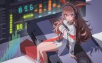  1girl :p animal_ears april_(arknights) arknights brown_hair cassette_tape chinese_commentary closed_mouth commentary_request crossed_bangs feet_out_of_frame hair_between_eyes headphones high-waist_skirt highres jacket long_hair long_sleeves mini_person minigirl partial_commentary purple_eyes rroc_(rrck11) sitting skirt solo split_mouth tongue tongue_out white_jacket white_skirt 