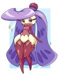  1girl alternate_color chaba_tsuke commentary_request crown full_body highres long_hair looking_at_viewer mini_crown no_feet one_eye_closed pokemon pokemon_(creature) purple_eyes purple_hair purple_thighhighs shiny_pokemon solo thighhighs tsareena 