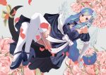  1girl angel_wings bare_shoulders big_hair black_dress blue_hair bow braid closed_mouth clothes_lift commentary_request detached_collar dizzy_(guilty_gear) dress dress_lift elbow_gloves floral_background flower gloves grey_background guilty_gear guilty_gear_strive hair_flower hair_ornament high_heels highres light_smile long_hair long_sidelocks looking_at_viewer off-shoulder_dress off_shoulder parted_bangs petals pink_flower pink_petals pink_rose platform_heels queen_dizzy red_eyes ribbon rose sidelocks single_braid smile solo tail tail_bow tail_ornament tail_ribbon thighhighs very_long_hair white_flower white_gloves white_thighhighs white_wings wings yellow_flower yellow_ribbon yutaponxd 