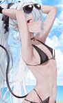  1girl absurdres armpits arms_behind_head arms_up bikini black_bikini black_bow black_choker black_gloves blue_archive blue_sky blush bow breasts chen_yan choker closed_mouth cloud commentary covered_nipples cowboy_shot cumulonimbus_cloud dark-skinned_female dark_skin day demon_girl demon_tail eyelashes eyewear_on_head from_side gloves grey_hair hair_between_eyes hair_bow hair_intakes halo highres iori_(blue_archive) iori_(swimsuit)_(blue_archive) long_hair looking_at_viewer multi-strapped_bikini_bottom navel ocean official_alternate_costume outdoors profile purple_halo red_eyes sideboob sideways_glance skindentation sky slit_pupils small_breasts solo stomach sunglasses swimsuit tail tail_raised twintails very_long_hair 